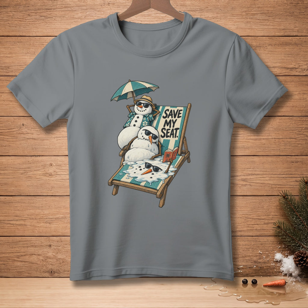 Snowmen on a lounge chair with umbrella and text "SAVE MY SEAT".