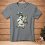 Snowmen on a lounge chair with umbrella and text "SAVE MY SEAT".