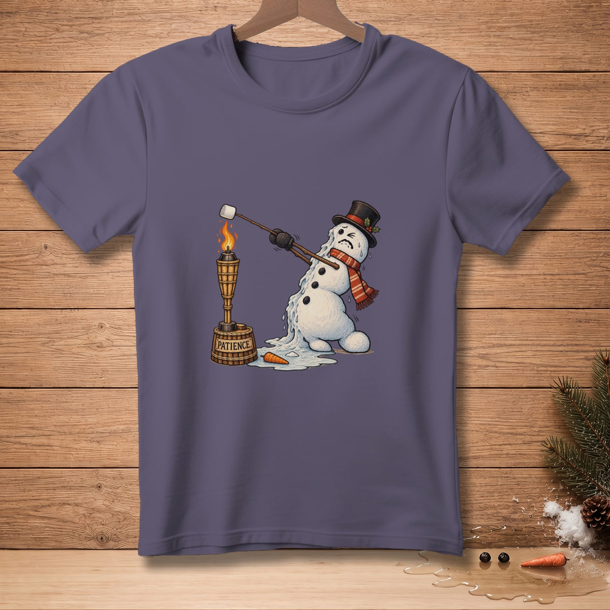 Melting snowman with marshmallow on stick near torch with word "PATIENCE."