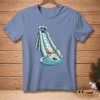 Snowman sliding down water slide into a pool with a bucket.