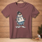Melting snowman in sunglasses and hat sits in a chair with text "COMFORTABLE ENOUGH."