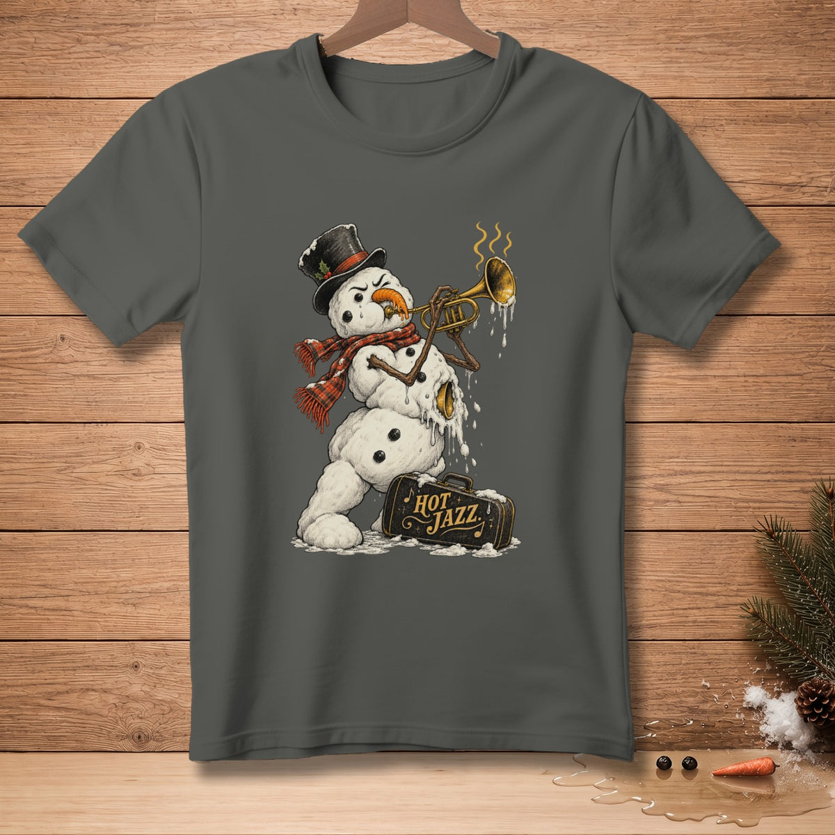 Melting snowman in a hat and scarf plays a trumpet next to a "Hot Jazz" suitcase.