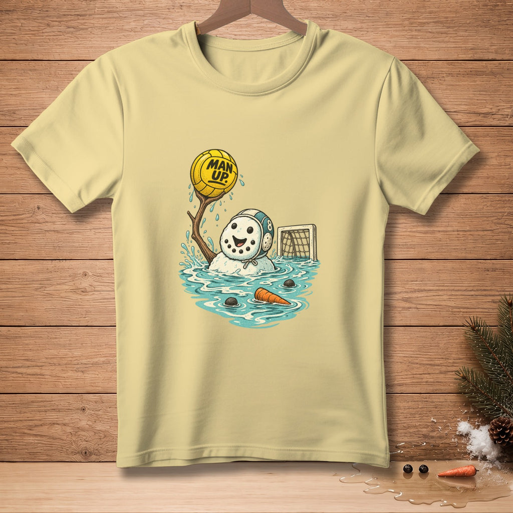 Snowman playing water polo with "MAN UP." text on the ball.