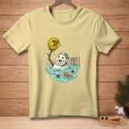 Snowman playing water polo with "MAN UP." text on the ball.