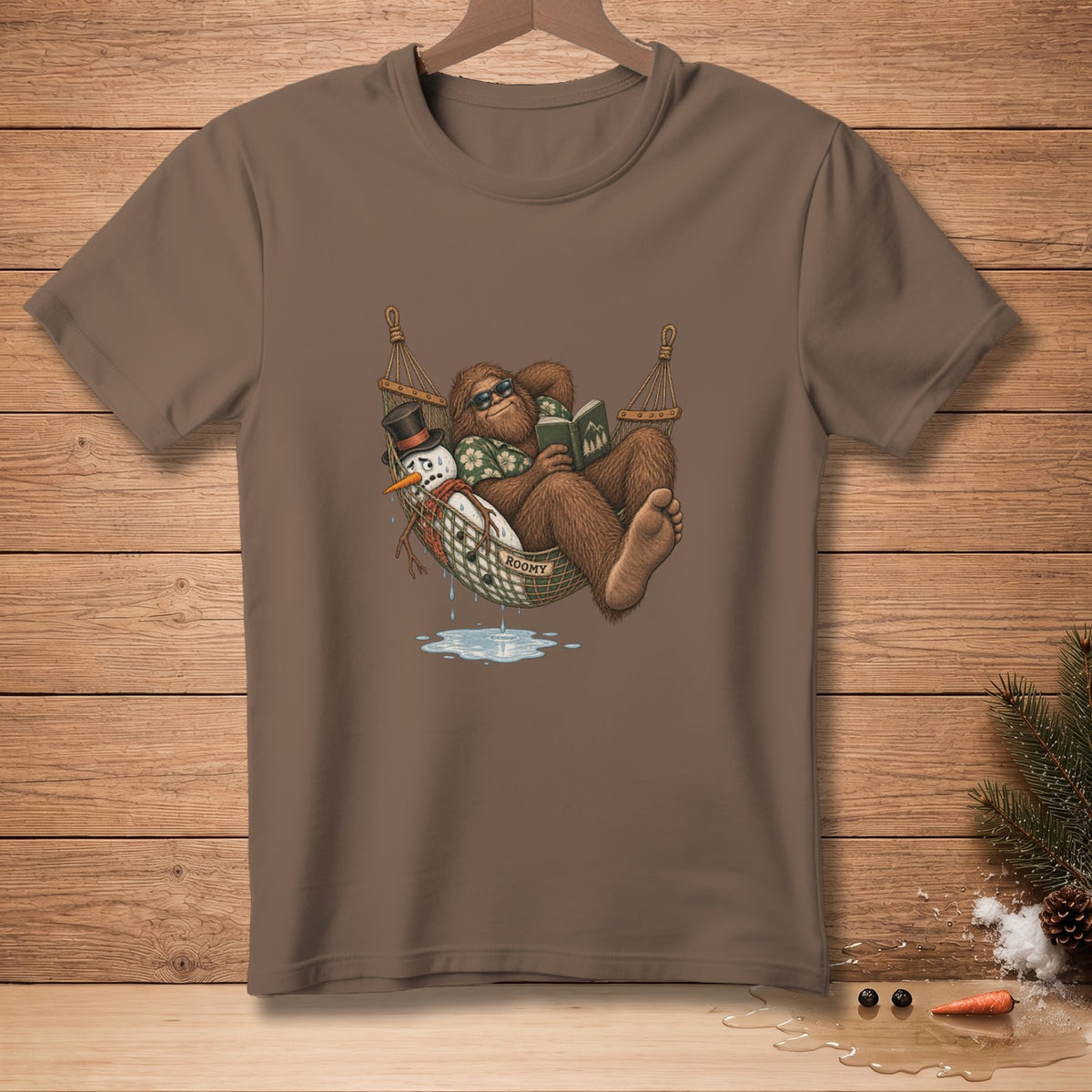 Bigfoot relaxing in a hammock with a melting snowman, reading a book.