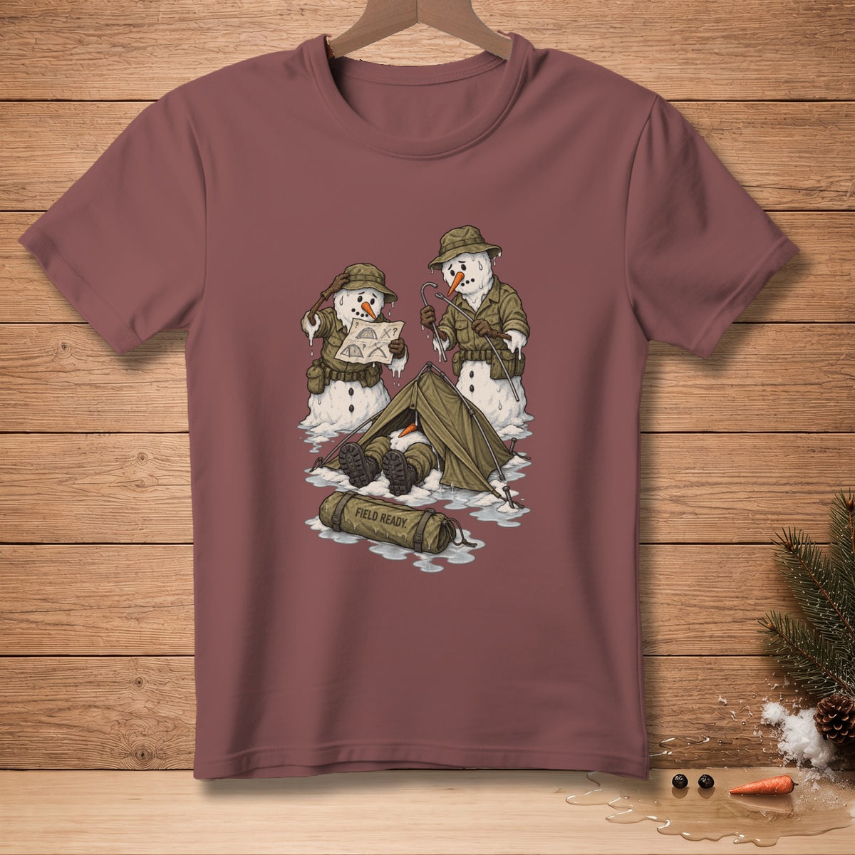 Three snowmen in military gear camping, one in a tent, with text "FIELD READY".