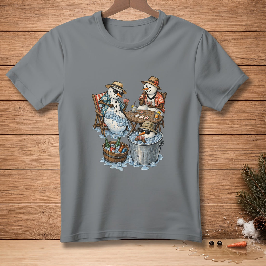 Snowmen playing cards with drinks in buckets and on a table.