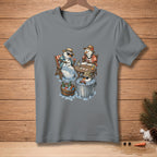 Snowmen playing cards with drinks in buckets and on a table.