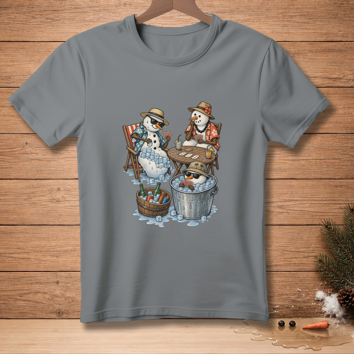 Snowmen playing cards with drinks in buckets and on a table.