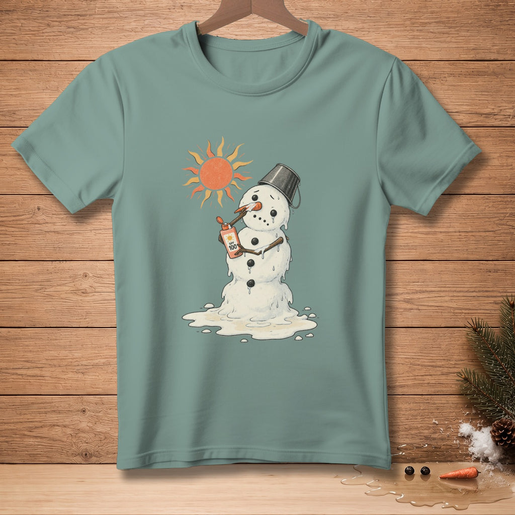 Melting snowman with a bucket hat applies sunscreen under a hot sun.