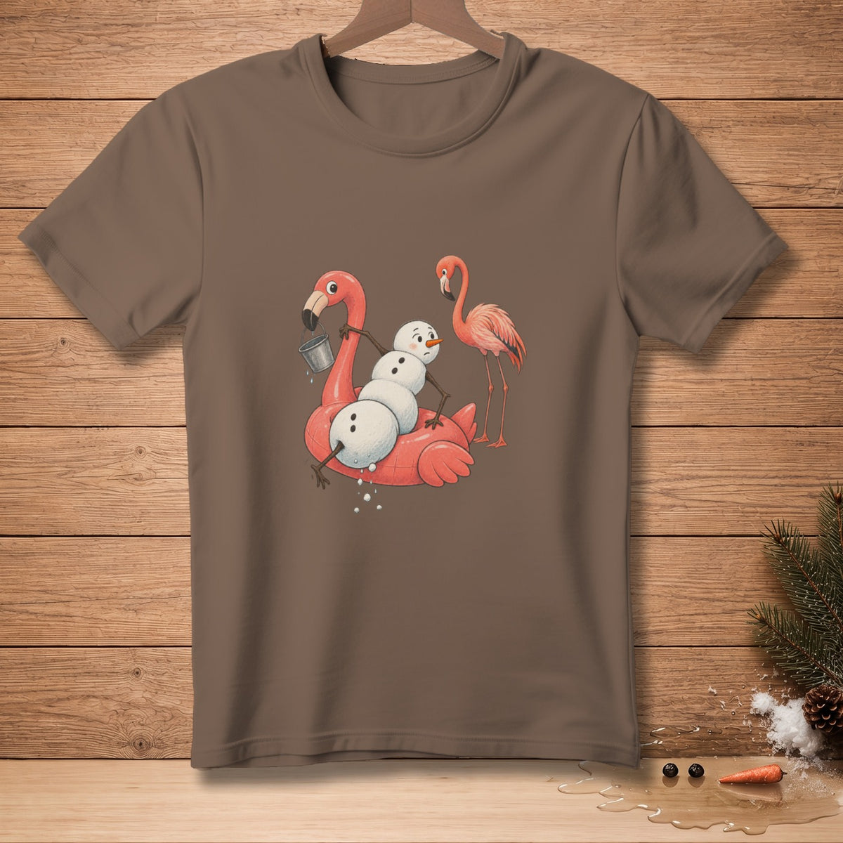 Snowman on a flamingo float with a flamingo looking on.