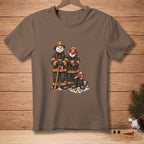 Two snowmen dressed as firefighters stand together holding an axe and carrots.
