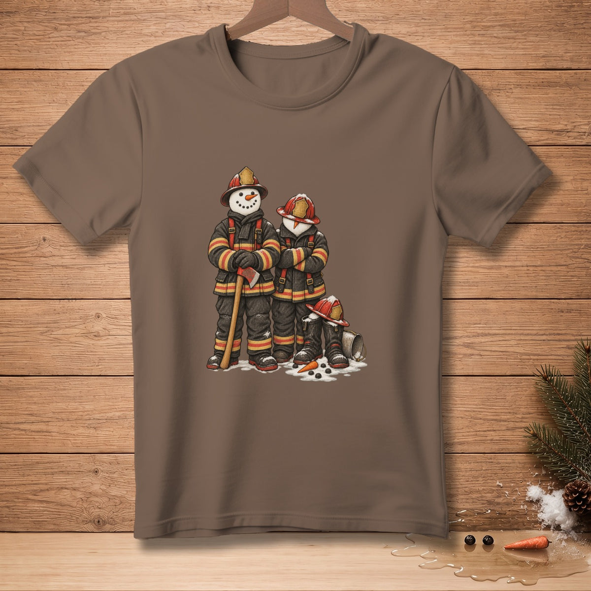 Two snowmen dressed as firefighters stand together holding an axe and carrots.