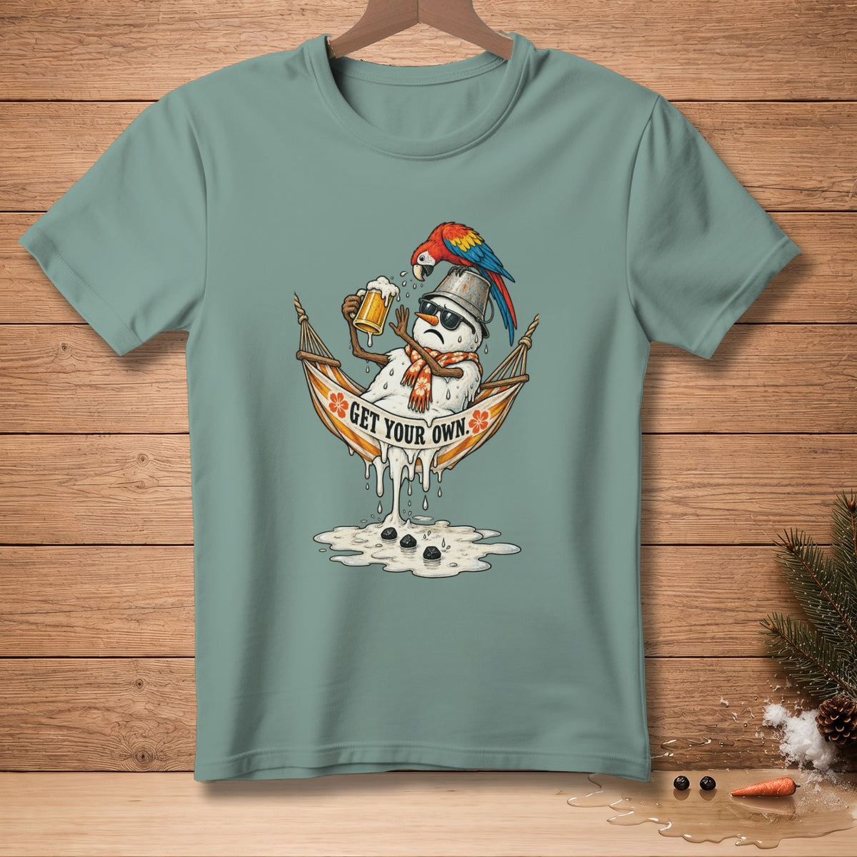 Melting snowman in a hammock with beer and parrot, text "GET YOUR OWN."