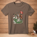 Brown t-shirt with cartoon of snowmen playing mini-golf, with a "Hole in One" flag.
