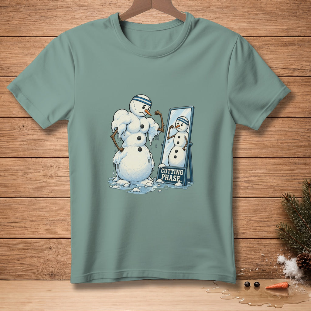 Snowman flexing in mirror with "Cutting Phase" sign.