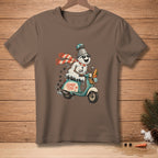 Melting snowman with bucket helmet rides turquoise scooter with bread and "Island Time" text.