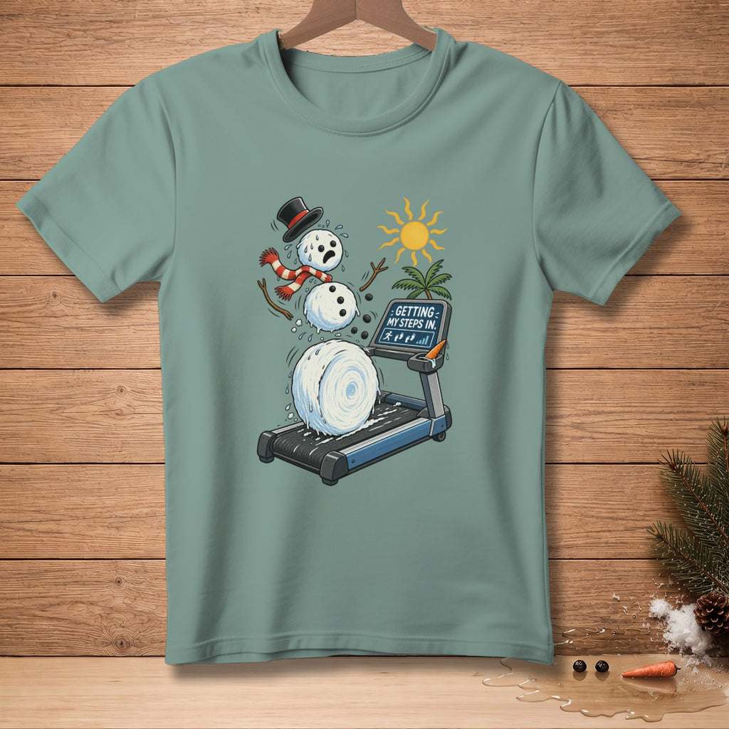 Melting snowman on treadmill with text "GETTING MY STEPS IN."