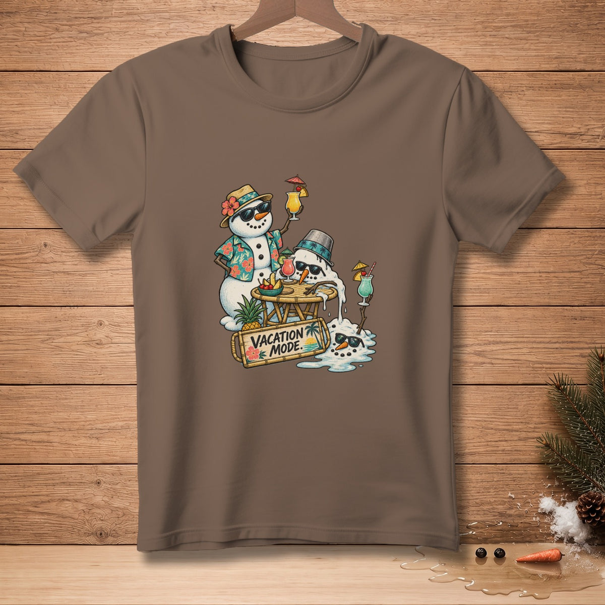 Melting snowmen in Hawaiian shirts with drinks and a "Vacation Mode" sign.