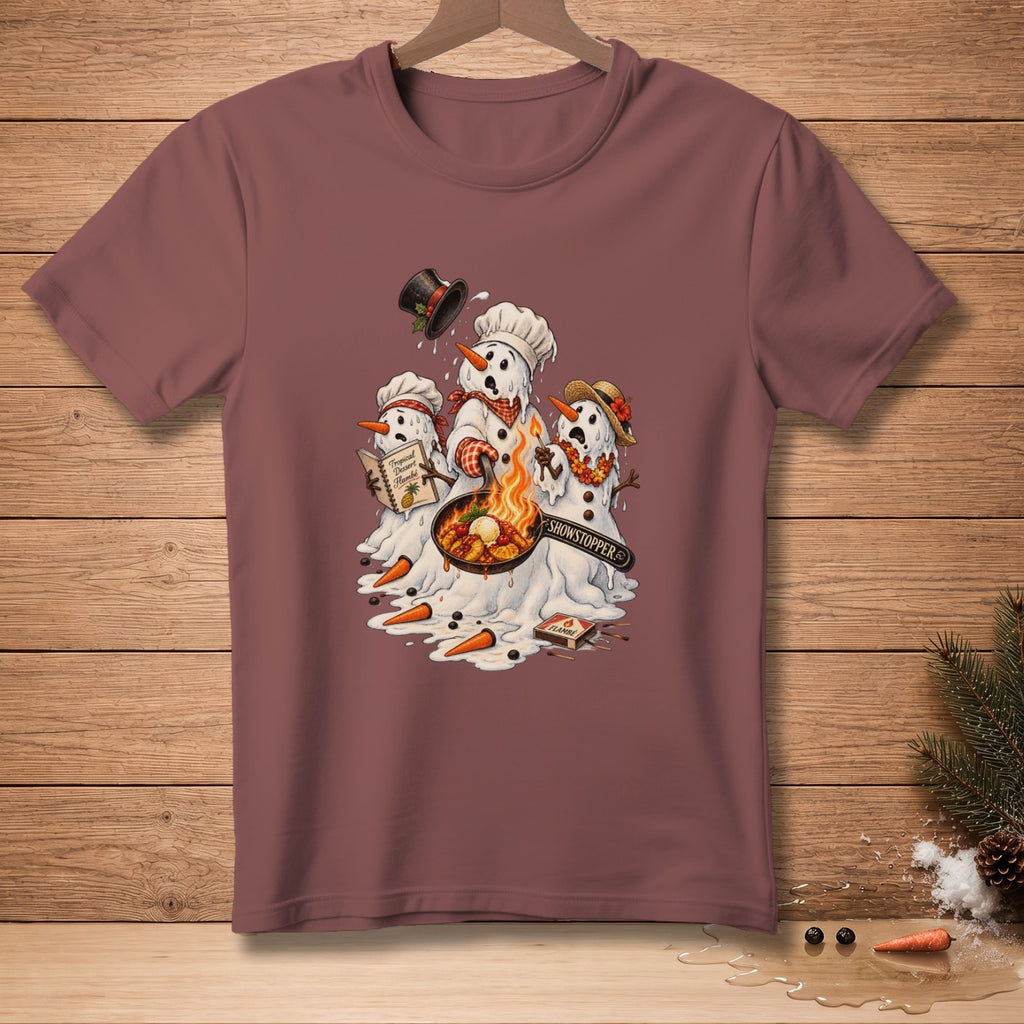 Melting snowmen cooking with carrots and a "Showstopper" spatula.