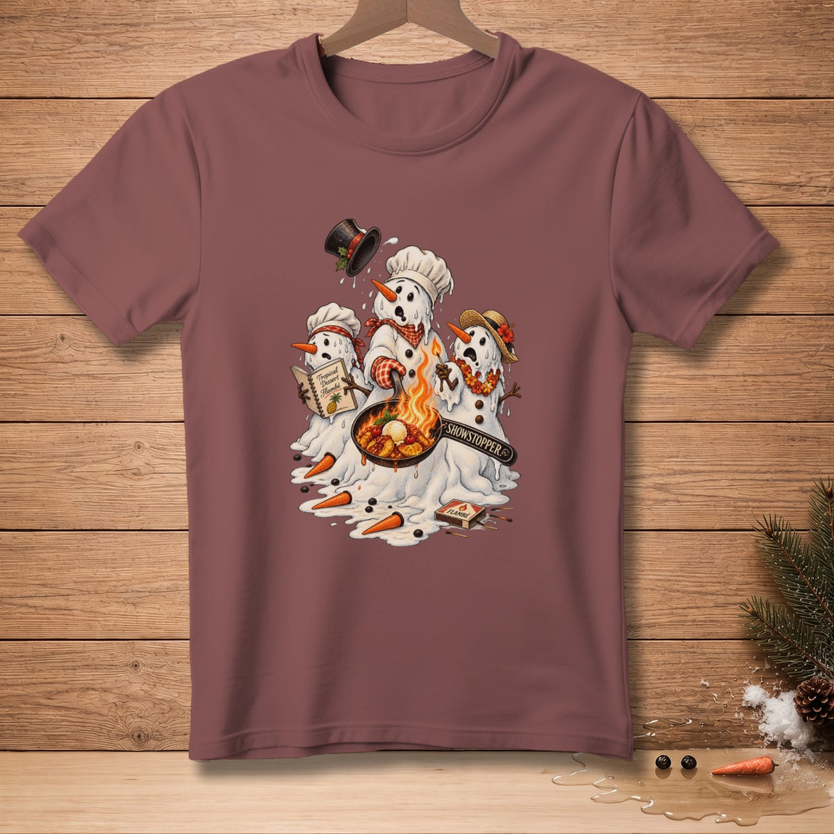 Melting snowmen cooking with carrots and a "Showstopper" spatula.