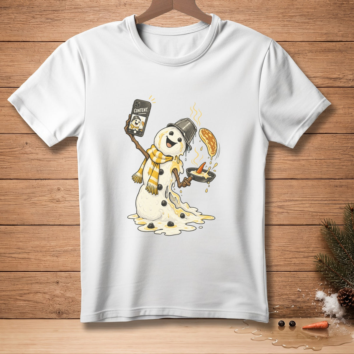 Melting snowman taking a selfie while cooking pancakes.