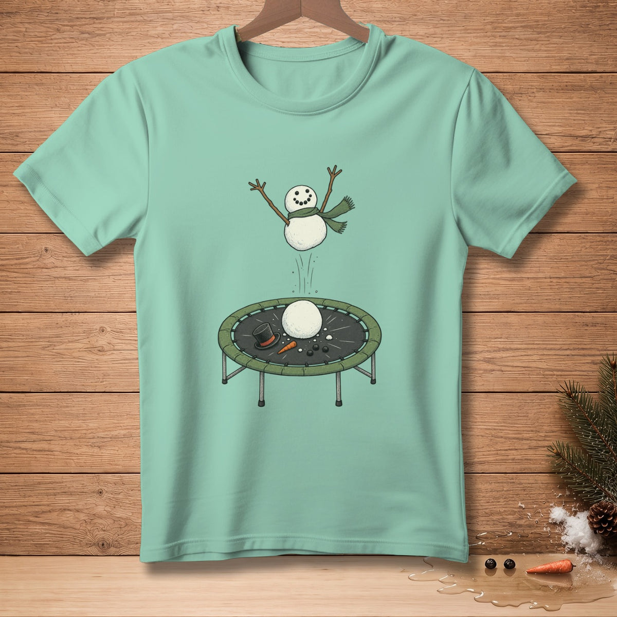 Snowman jumping on a trampoline with hat and carrot pieces scattered.