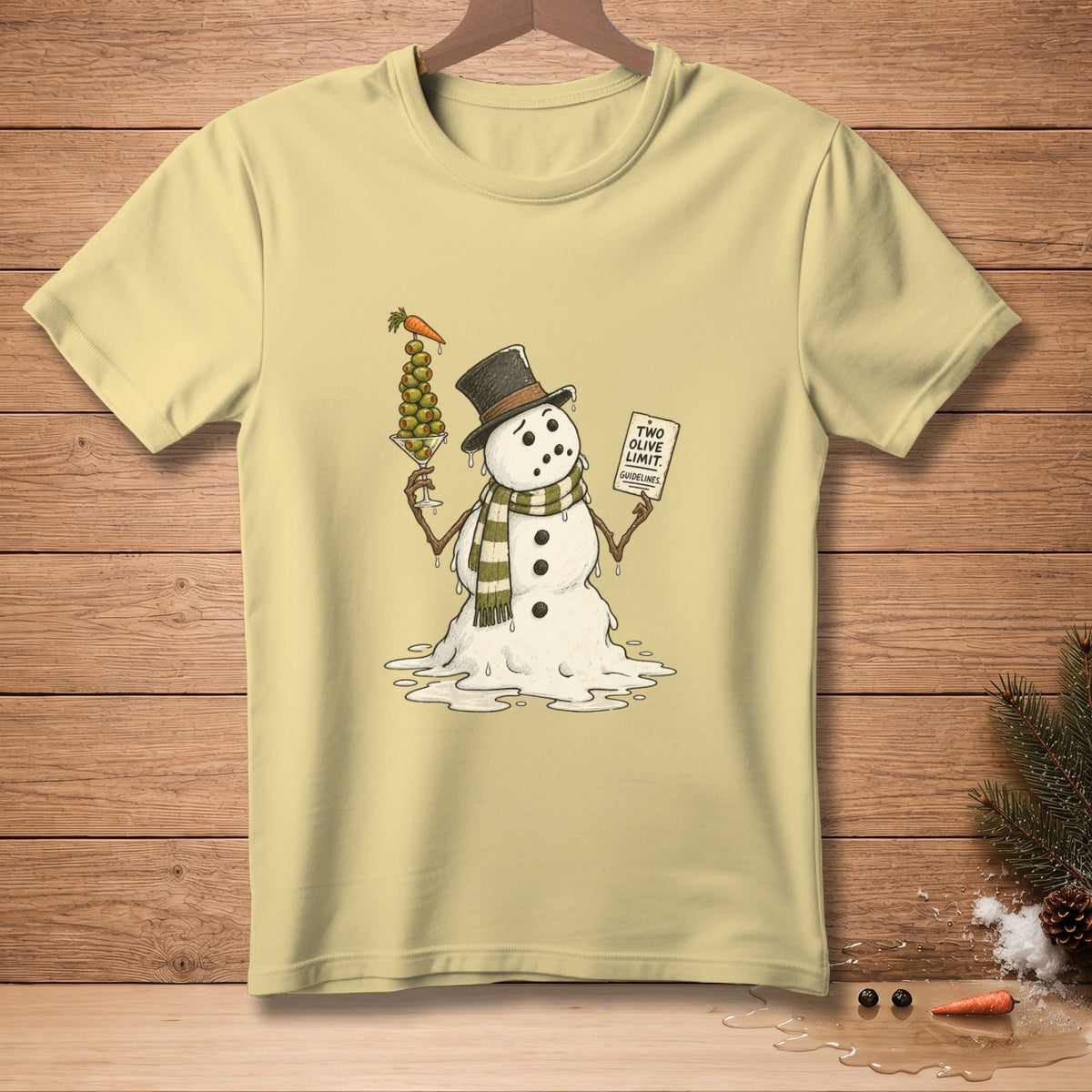 Melting snowman with olive martini and a sign that says "Two olive limit."