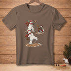 Snowmen play baseball with a pitcher, batter, and catcher on a brown t-shirt.