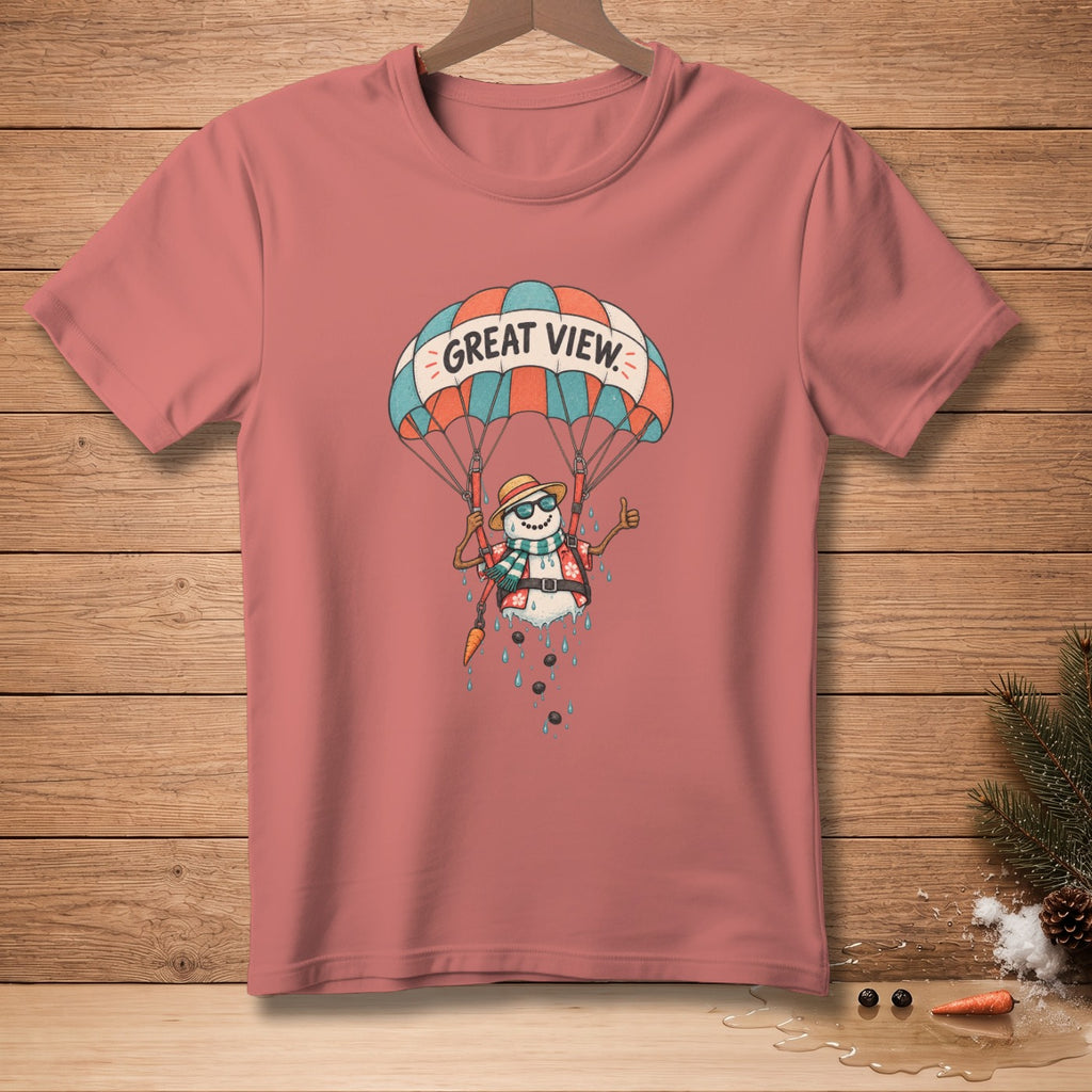 T-shirt with graphic of snowman parachuting with text "GREAT VIEW" on parachute.