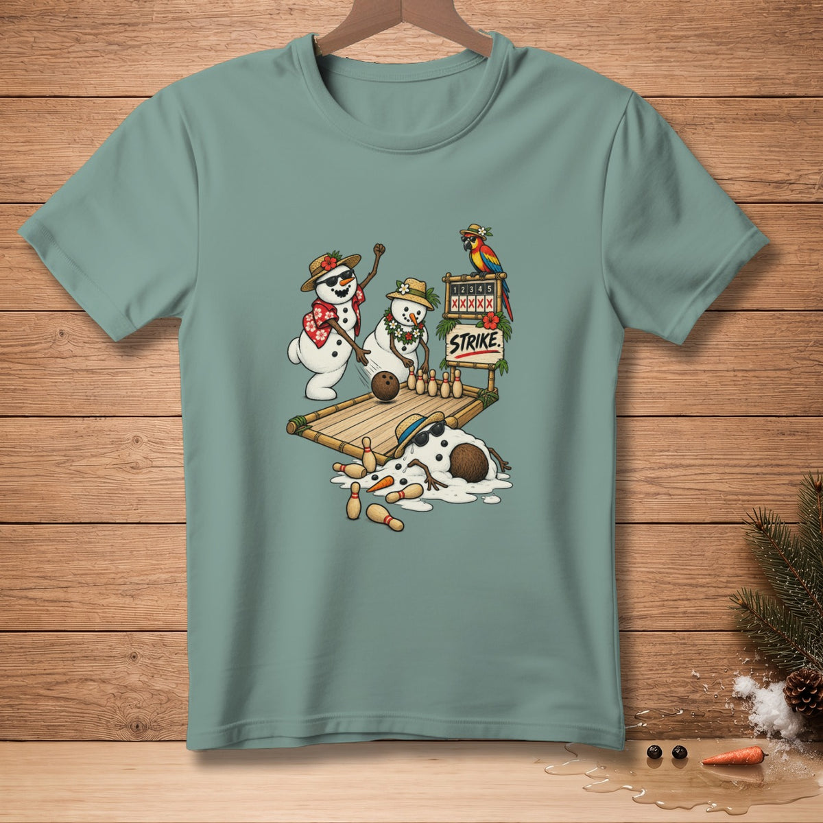 Snowmen bowling, one strikes, another melts on a tropical lane.