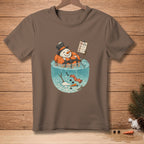 Snowman in life preserver in water holding "No Melting" sign.