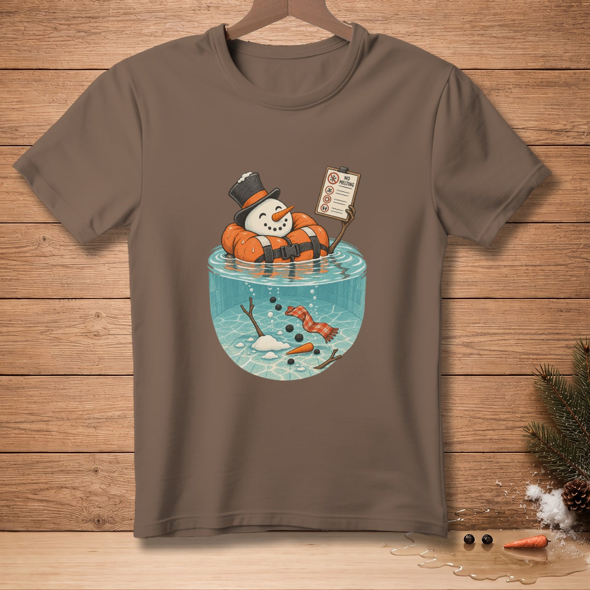 Snowman in life preserver in water holding "No Melting" sign.
