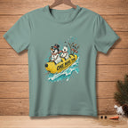 Three snowmen ride a yellow banana boat through blue water with "One More Time" text.
