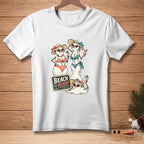 White t-shirt with three snowmen in beach attire and a "Beach Ready" sign.