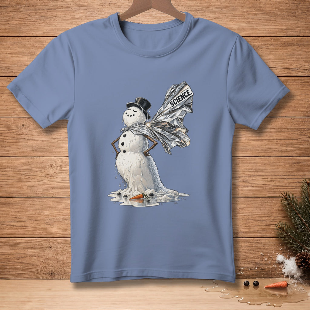 Melting snowman with foil wings and text "SCIENCE" on a blue t-shirt.