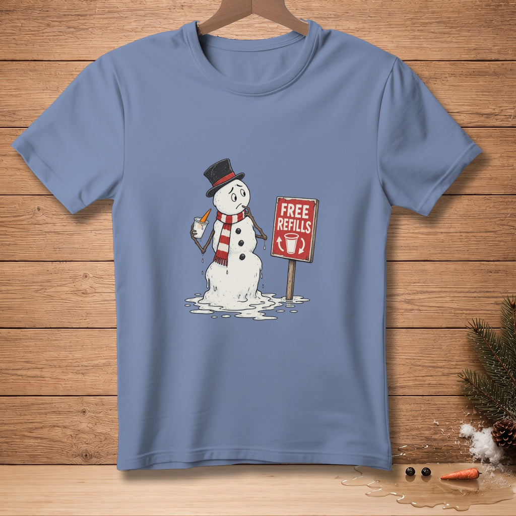 Melting snowman holding a drink with a "Free Refills" sign.