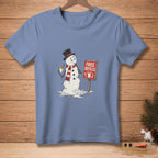 Melting snowman holding a drink with a "Free Refills" sign.
