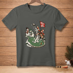 Snowmen playing golf with a windmill and flag that reads "Hole in One."