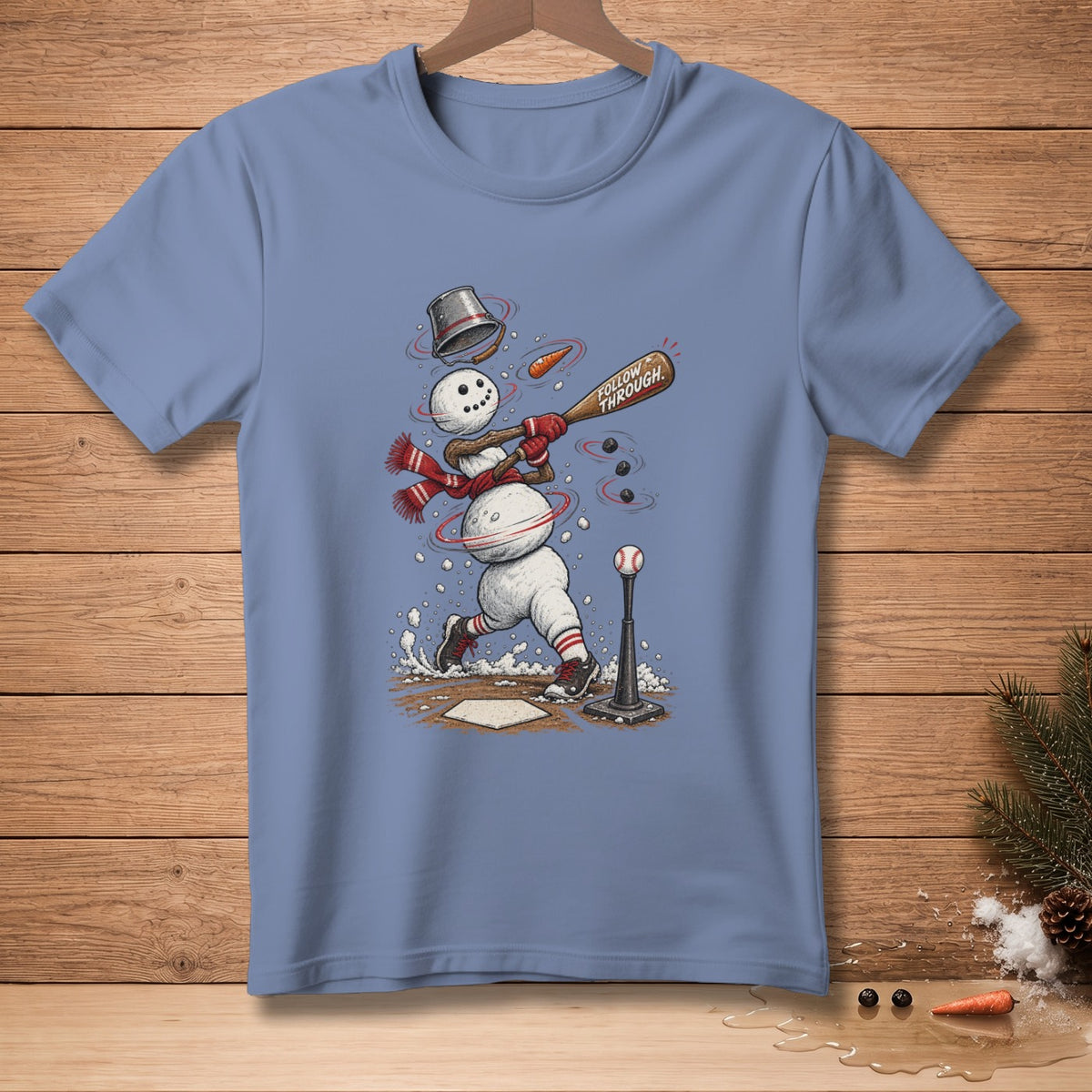 Snowman playing baseball with a bat that says "Follow Through."
