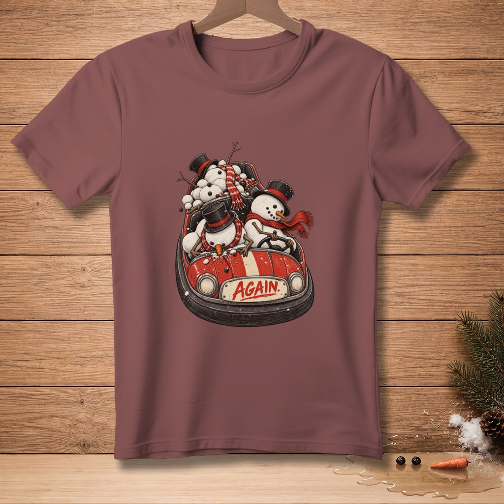 Snowmen in a bumper car with the word "AGAIN" on the front.
