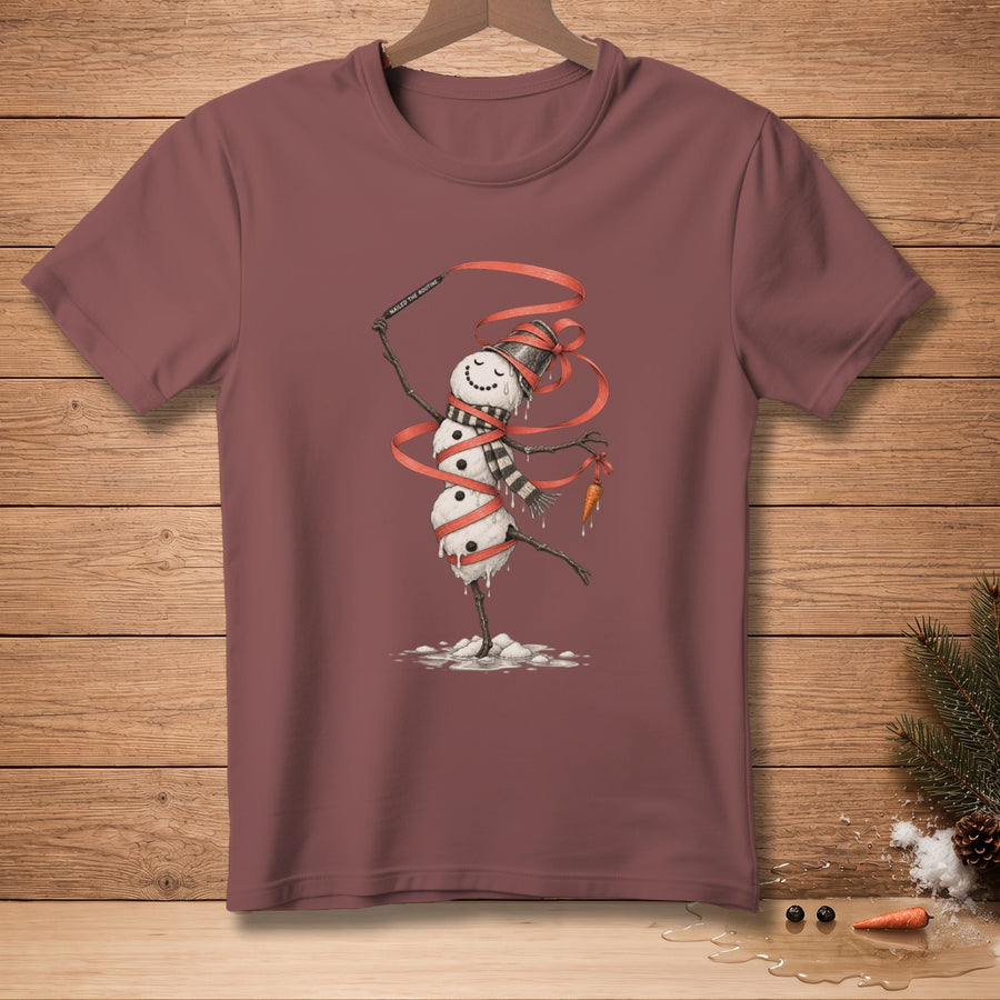 Melting snowman in a striped scarf and hat dances with a red ribbon.