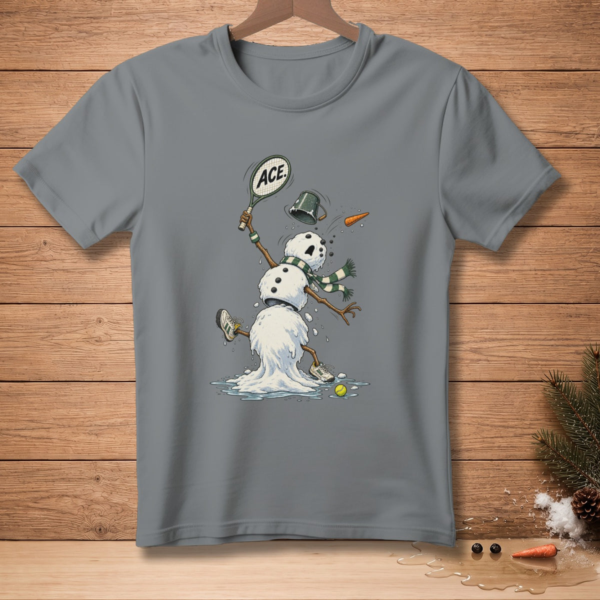 Melting snowman playing tennis, racquet reads "ACE".