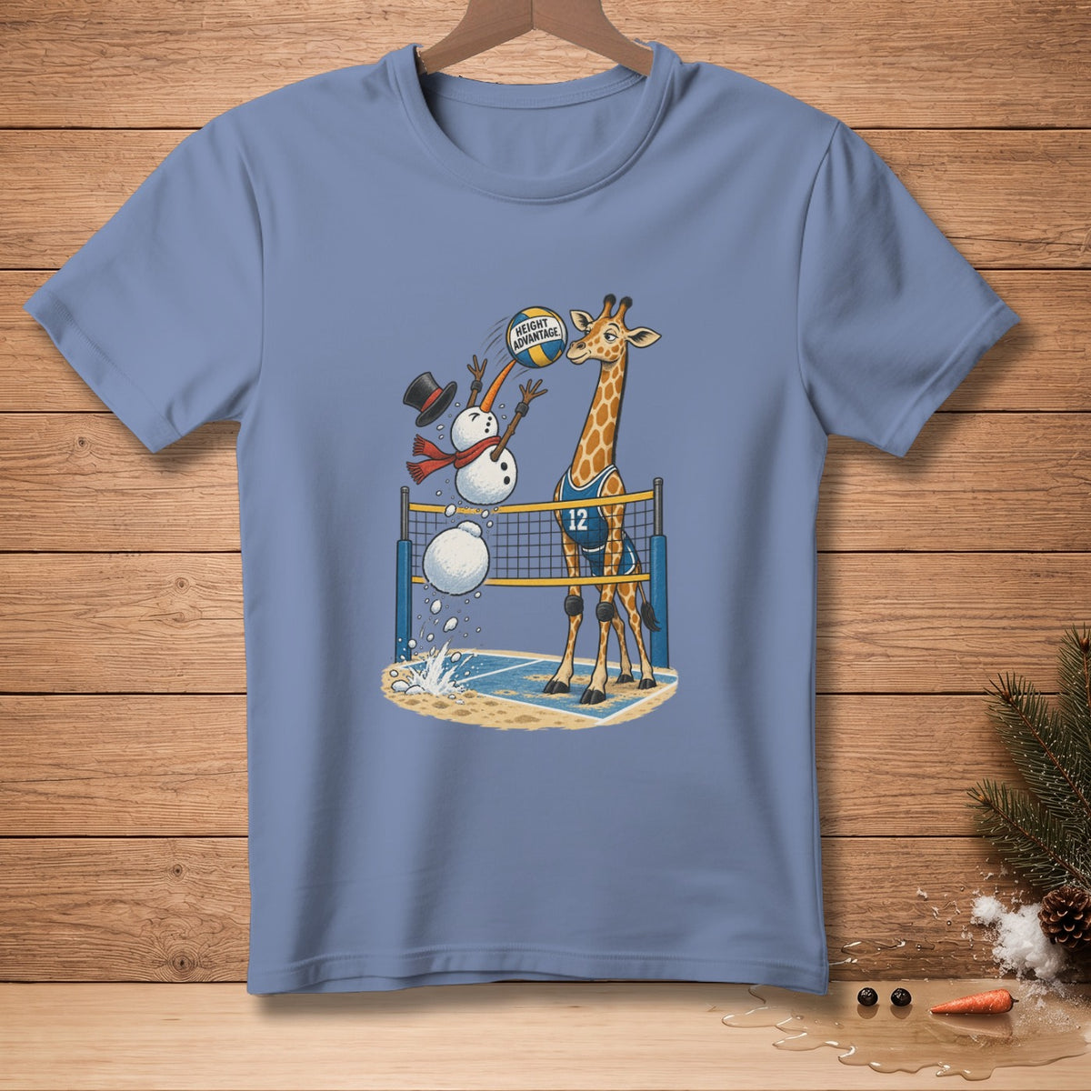 Giraffe playing volleyball against snowmen with "Height Advantage" text on ball.