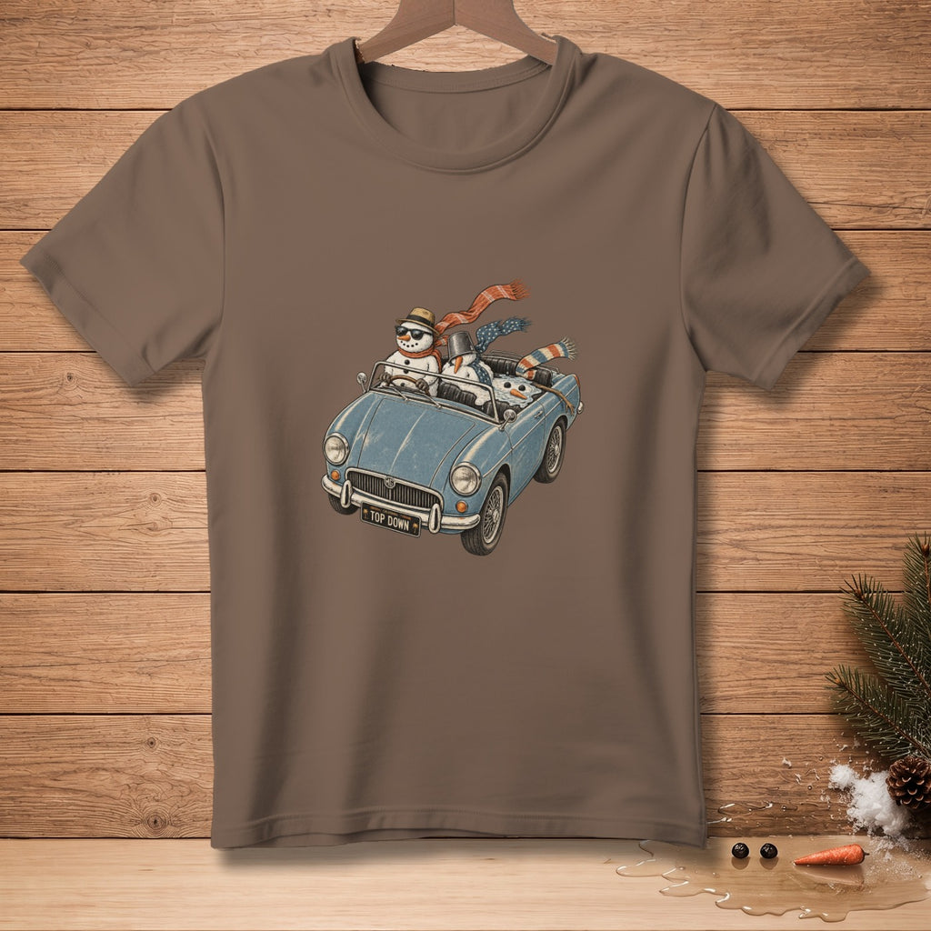 Snowmen in a convertible with scarves and sunglasses, with "TOP DOWN" on the license plate.
