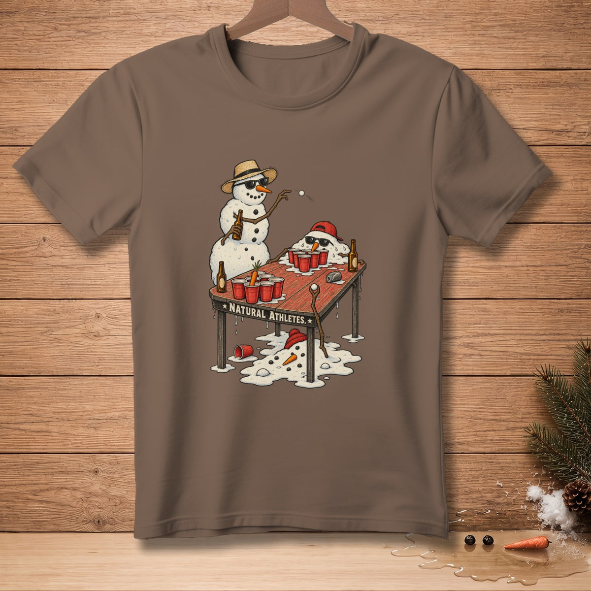 Snowmen playing beer pong, one melting, with "NATURAL ATHLETES." text.
