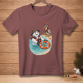 Snowman with life jacket and hat in water holding float with pelican behind.