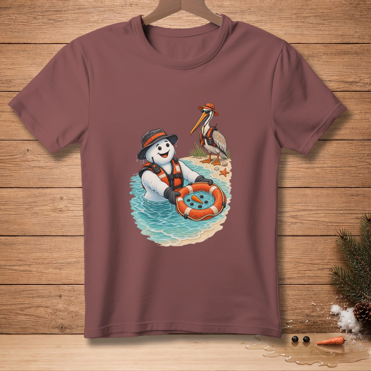 Snowman with life jacket and hat in water holding float with pelican behind.