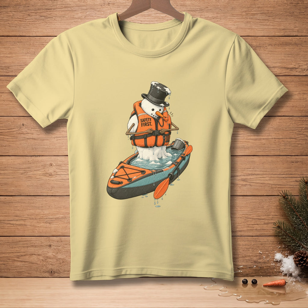 Snowman in life jacket and top hat kayaking, text reads "Safety First".