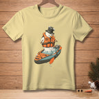 Snowman in life jacket and top hat kayaking, text reads "Safety First".